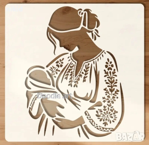 Жена майка в народна носия и бебе стенсил шаблон спрей торта украса боя Scrapbooking