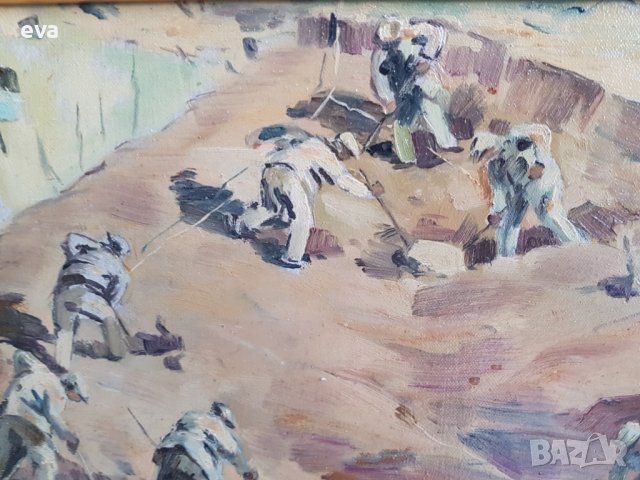 Георги Железаров 1897- 1982 Полагане основи на къща масло, снимка 4 - Картини - 38892080