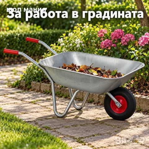 Градинска количка с метално корито и червени ръкохватки