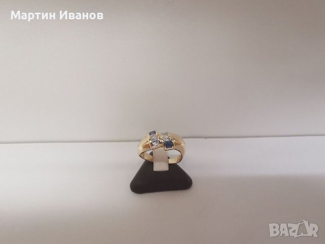 Златен пръстен с циркони и аквамарин , снимка 2 - Пръстени - 39662688