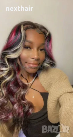 Вълнообразна перука с кичури микс от цветове русо червено черно на път, снимка 6 - Аксесоари за коса - 51232085