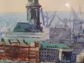Hamburger Michel Landingsbrucken Binnenalsyer акварел подписан 90г панорама 132х58см Злат. рамка ст., снимка 11