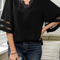 Дамска блуза в черно с 3/4 широки ръкави и ефектна дантела, снимка 4 - Корсети, бюстиета, топове - 40828285