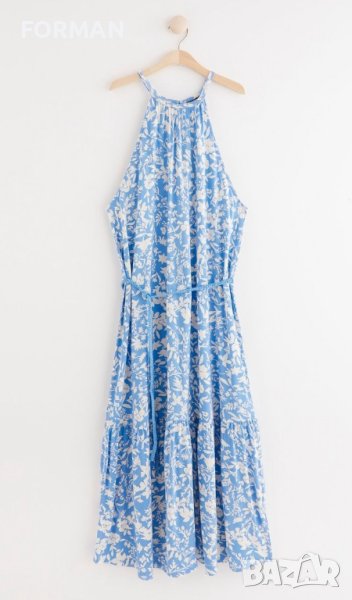 Дълга рокля без ръкав в синьо-бял флорален принт за гръдна обиколка от 126см до 168см, снимка 1