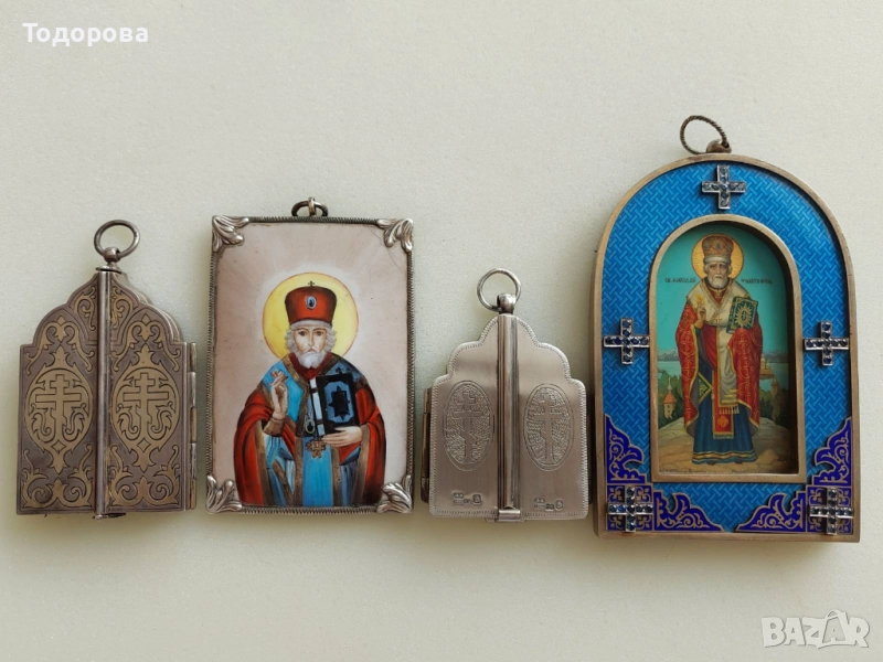 Лот сребърни икони,Царска Русия''сребърна,сребро 84 икона св.Николай Чудотворец/гилеше емайл, снимка 1