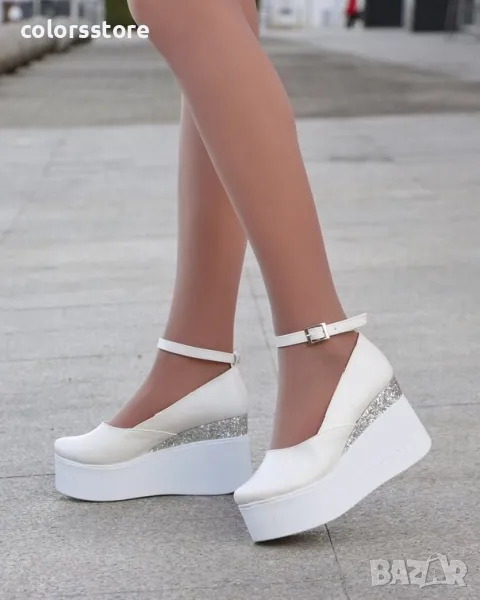 Обувки на платформа - бяла кожа и бронз брокат - 125K, снимка 1