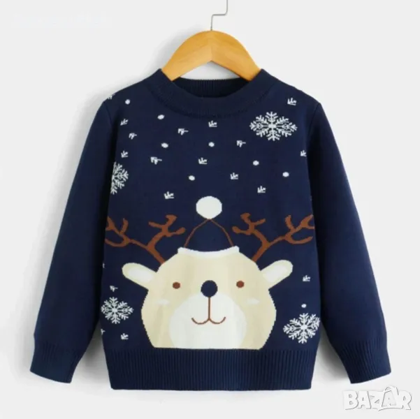 ПРОМОЦИЯ Коледен детски пуловер, р-р 110см, син с мече, снимка 1