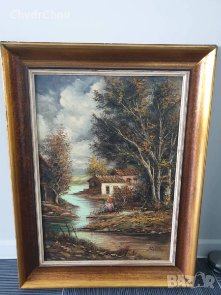 80х68см/голяма картина масло върху платно/горски пейзаж/къщи-река-дървета/дървена рамка, снимка 1