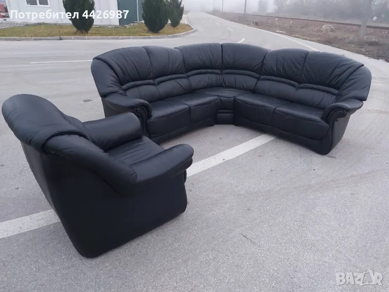 Голна гарнитура от естествена кожа. Ъглов диван от черна естествена кожа, снимка 1