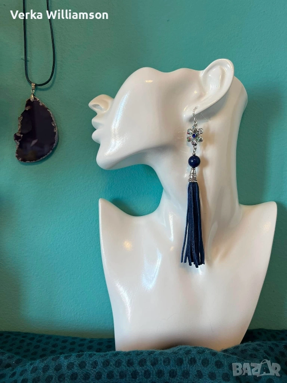 Модел 67. Син комплект колие с обици от естествена кожа и полускъпоценни камъни модел 67 , снимка 1