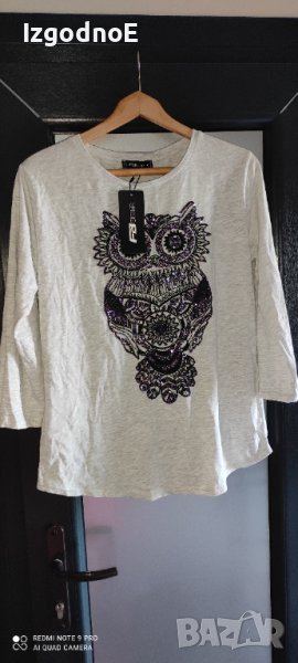 Л-ХЛ нова тънка блуза с бухал, с мъниста., снимка 1