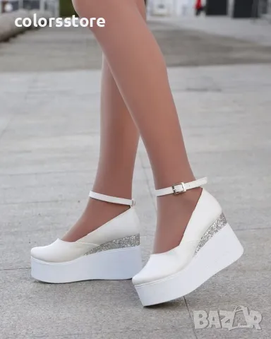 Обувки на платформа - бяла кожа и бронз брокат - 125K
