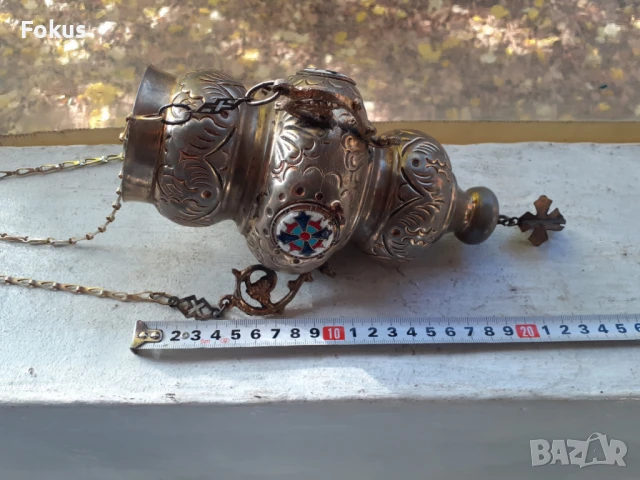 Старо висящо голямо кандило с емайл кадило тамянник, снимка 4 - Антикварни и старинни предмети - 51106710