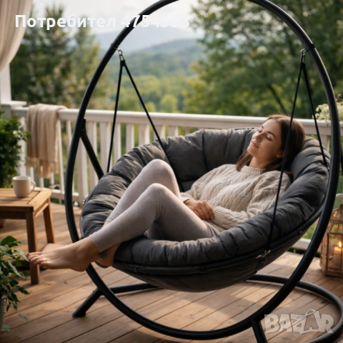 Висящ стол PATIO с тъмносива  възглавница и сива рамка , снимка 3 - Градински мебели, декорация  - 53821163