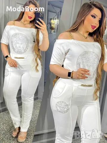 Versace Дамски комплект блуза с къс ръкав и панталон в бял и черен цвят