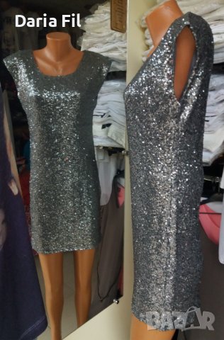 СТРАХОТНА къса рокля без закопчаване - цялата в сиво-зелени пайети, снимка 2 - Рокли - 38846824