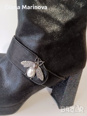 Дамски боти черни на платформа с висок брокатен ток и брошка, снимка 7 - Дамски боти - 38868826