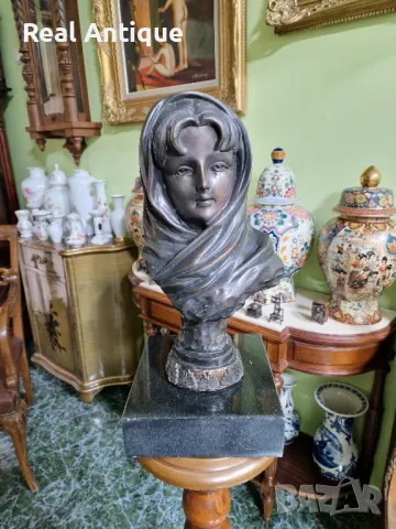 Страхотен антикварен френски бронзов бюст с основа от гранит , снимка 1