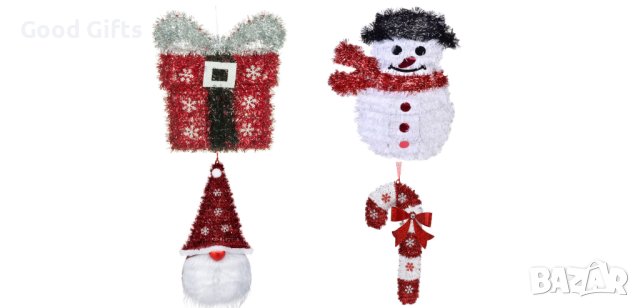 4 броя Коледна декорация, Подарък, Дядо Коледа, Снежен човек и Коледен бастун