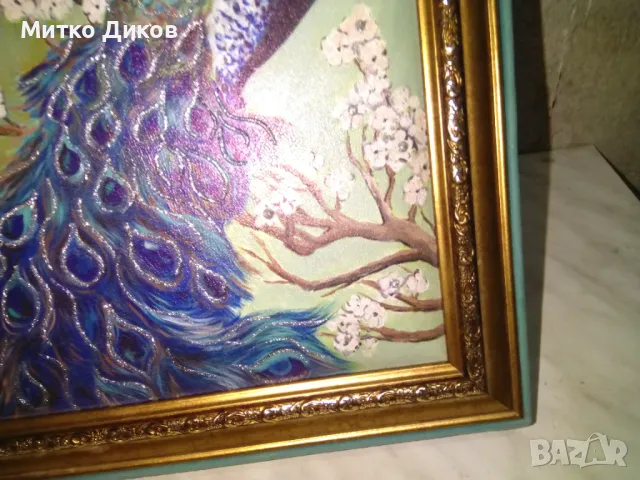 Картина Кралски Паун с инкрустирани кристалчета върху кожено платно нова 29х38см  и 217х302мм, снимка 8 - Картини - 48513408