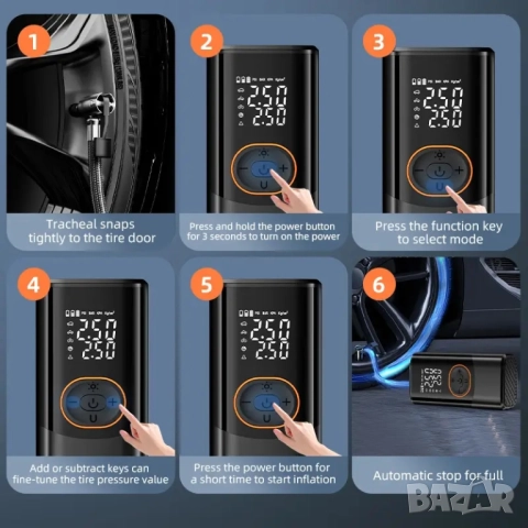 Акумулаторен компресор за гуми - компактен, мощен, интелигентен , снимка 11 - Аксесоари и консумативи - 52099128