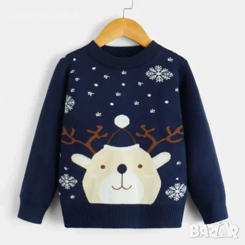 ПРОМОЦИЯ Коледен детски пуловер, р-р 110см, син с мече