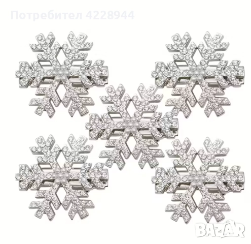 Коледен комплект фиби снежинки – 5 броя, с перли и кристали, снимка 6 - Аксесоари за коса - 51977452