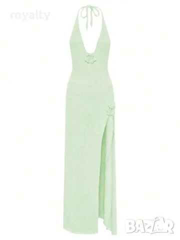 Рокля от плетен тъкан плат в ментово зелено с рози 🍈🍋‍🟩, снимка 7 - Рокли - 49206225