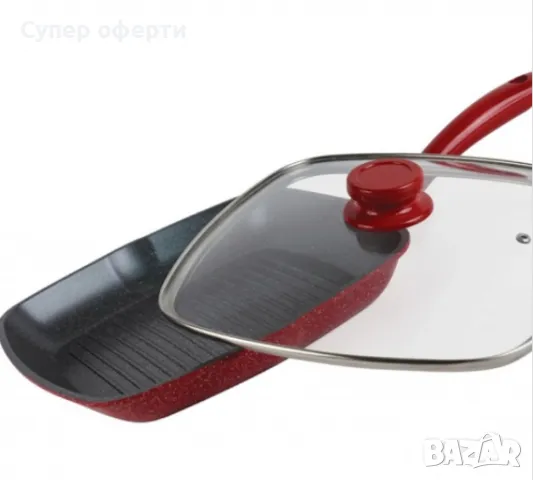 Тиган грил с капак ,Мраморно покритие, индукция, Червен, снимка 3 - Съдове за готвене - 48379885