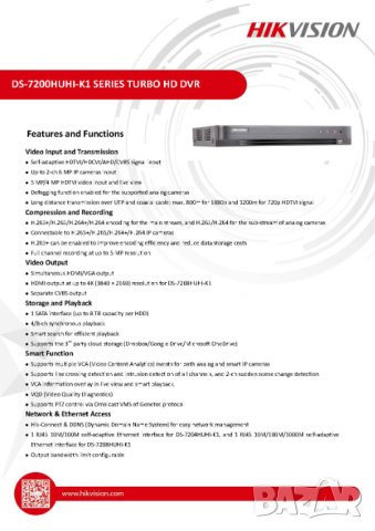 Hikvision DS-7208HUHI-K1 DVR Рекордер 8 Канала HD-TVI/AHD/CVI 5MP@96/3MP@144/2МP@200fps H265+ Audio, снимка 1 - Комплекти за видеонаблюдение - 41506614