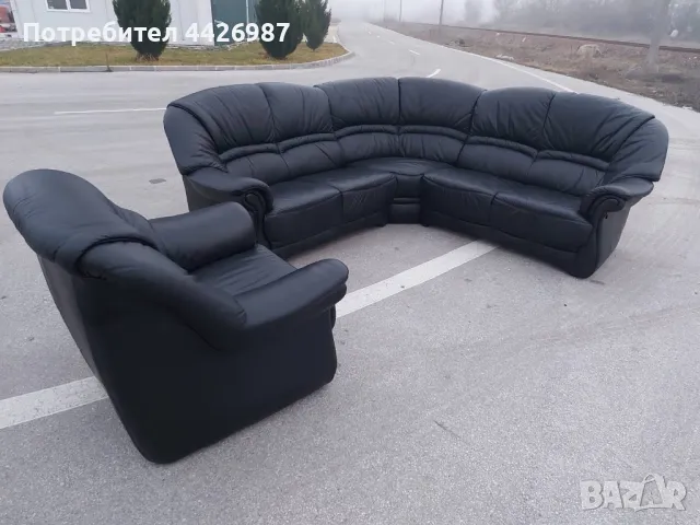 Голна гарнитура от естествена кожа. Ъглов диван от черна естествена кожа, снимка 1
