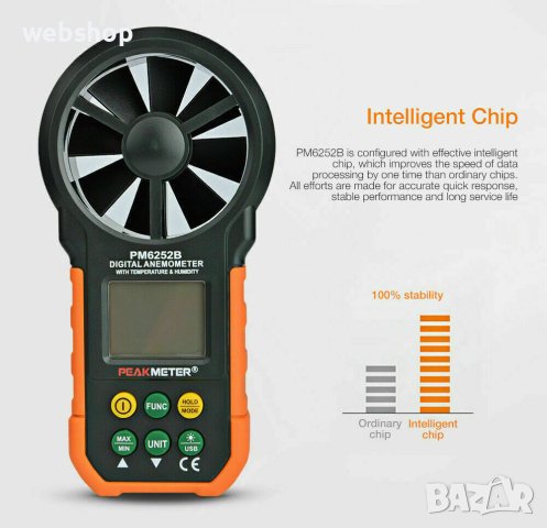 Дигитален Анемометър PEAKMETER PM6252B, обем на въздух, скорост до 40m/s, CFM, CMM, CMS, снимка 7 - Други инструменти - 41987301