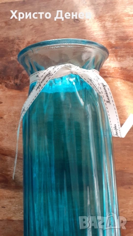 ваза стъклена синя дизайнерска качествена висока 30 см, снимка 4 - Вази - 53020493