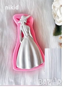 Дама жена цял ръст с дълга рокля и шапка капела силиконов молд форма фондан гипс декор, снимка 2 - Форми - 41126529