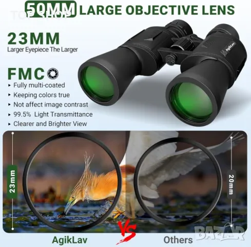 Бинокъл AgikiLav 20 * 50, HD водоустойчив голям окуляр с призма BAK4 и леща с многослойно покритие, снимка 2 - Аксесоари за велосипеди - 49580404