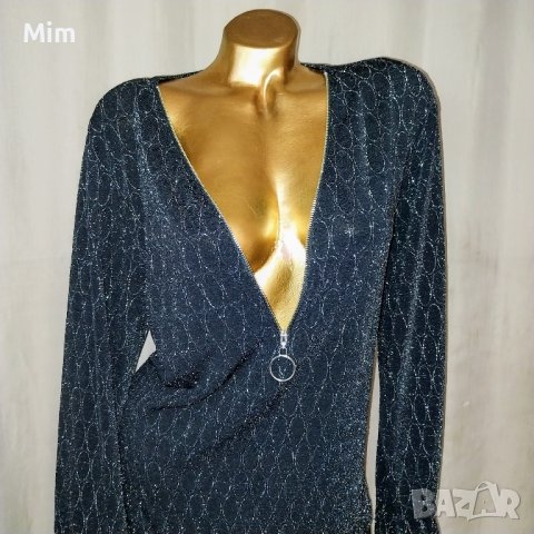 L/XL Черна еластична блуза със сребрист брокат , снимка 2 - Блузи с дълъг ръкав и пуловери - 44363400