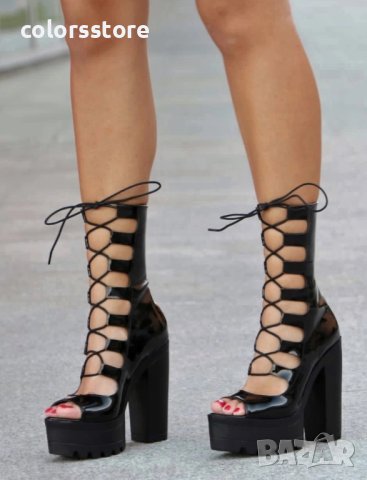 Летни боти на ток - черен лак - 101