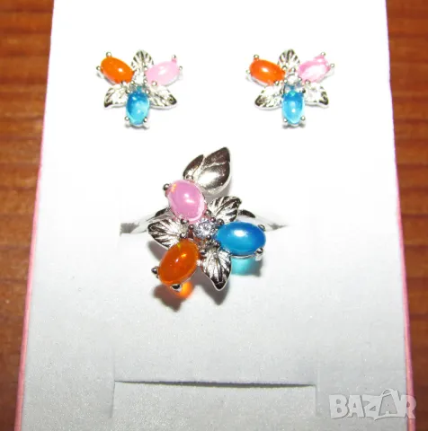 925 сребърни обеци и пръстен с натурални опали подходящи за подарък, снимка 6 - Бижутерийни комплекти - 50230575