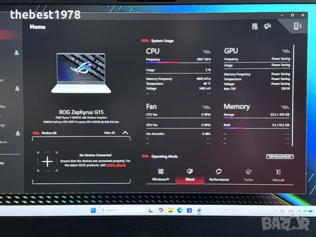 165Hz ROG Zephyrus G15`Ryzen 7 6800HS/RTX 3070Ti/16GB DDR5/512GB SSD/WQHD, снимка 11 - Лаптопи за игри - 53641823
