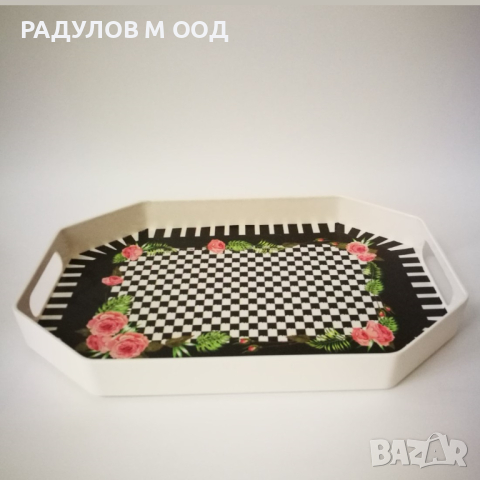 Меламинов поднос с дръжки, осмоъгълна форма с декор / 200960