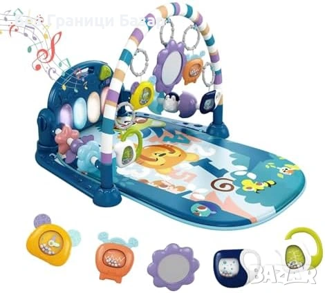 Нов Бебешки активен килим с пиано, музика и светлини, 5 играчки 0-12м