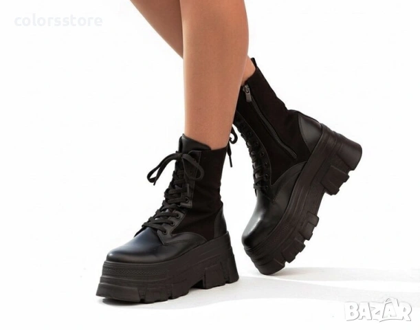 Боти на платформа - черна кожа и велур - BML820 