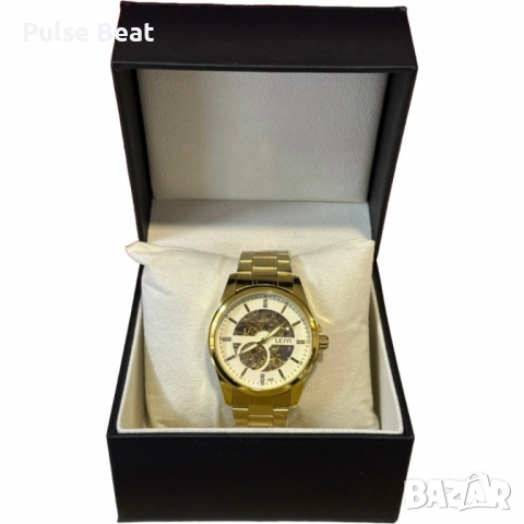 Луксозен златен мъжки часовник с арабски цифри и открит механизъм, снимка 5 - Мъжки - 52055338