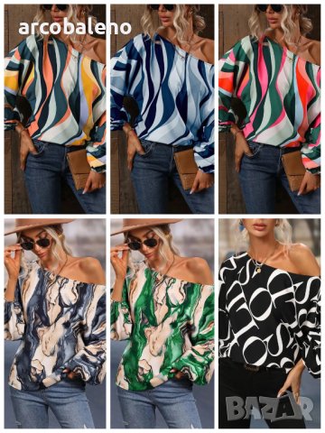 Дамска риза с щампа и свободни рамена с балонени ръкави, 7цвята
