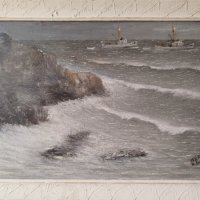 Картина, море, рибарски лодки, худ. К. Банков, 1977 г., снимка 1 - Картини - 40587333