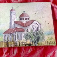Църквата в Обеля маслена картина платно Аделин Василев , снимка 1 - Картини - 39166633