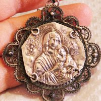 Възрожденска Сребърна икона, амулет, накит, медальон с Богородица, Дева Мария - Панагия 55 мм - Бого, снимка 3 - Антикварни и старинни предмети - 35865580