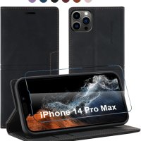 Калъф 13peas за iPhone 14 Pro Max 2022 г., от телешка кожа с протектор за екран (черен), снимка 1 - Калъфи, кейсове - 42312199