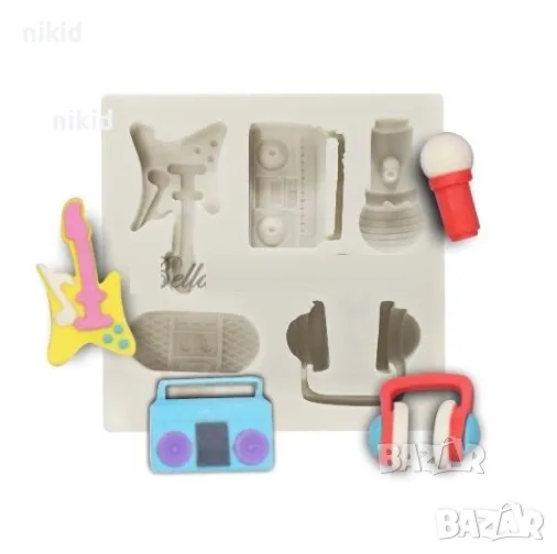 Музика китара слушалки микрофон касетофон радио силиконов молд форма фондан гипс украса, снимка 1