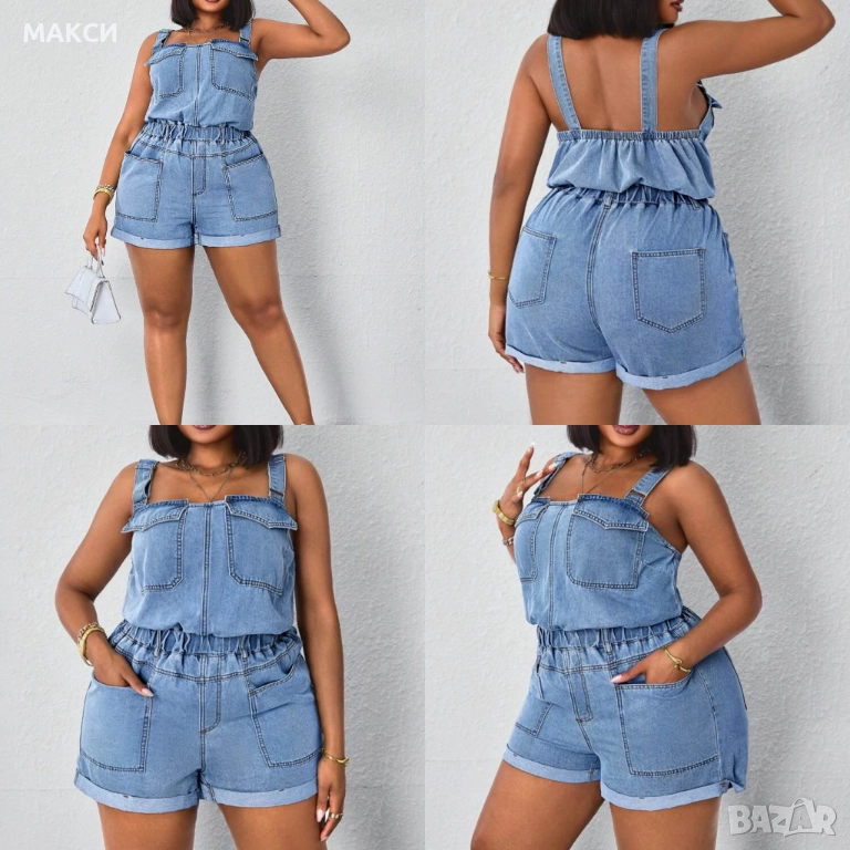 Макси модерен дънков гащеризон с 4 бр. големи джобове отпред + 2 гръб, широка ластична талия, кориги, снимка 1